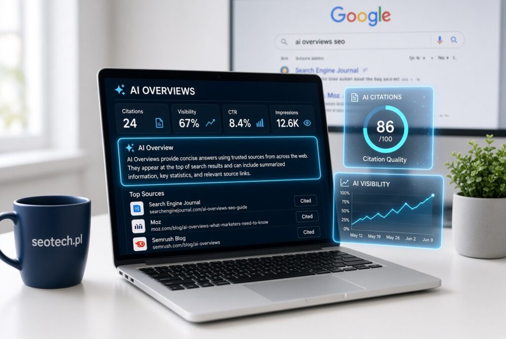 Dashboard SEO AI Overviews 2026 – cytowania, widoczność i jakość źródeł w Google AI